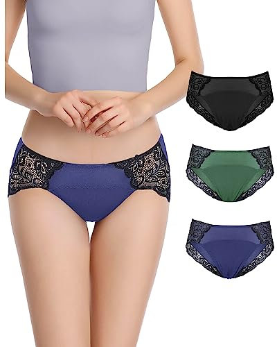 Neione Mujer Bragas Menstruales de Encaje Braguita Hipster Menstrual para Postparto Regla Menstruación Periodo Ropa Interior Pack de 3 Emrio S