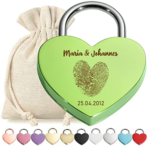 Liebesschloss Herz-Schloss Bügelschloss Grün mit Gravur - Motiv Herz Fingerabdruck - personalisiert - eloxiert - Stoff-Geschenkbeutel - Valentinstag, Jahrestag - Pärchen Geschenk - present