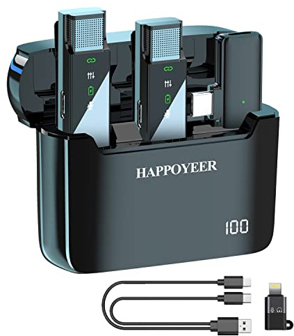 HAPPOYEER Wireless Lavalier Mikrofon, Prox LED Bildschirmanzeige und Ladebox für iPhone/iPad/Type-C Android 2,4GHz Auto Sync,Mini Clip On Lapel Mikrofon für Vlogging Interviews Live Streaming