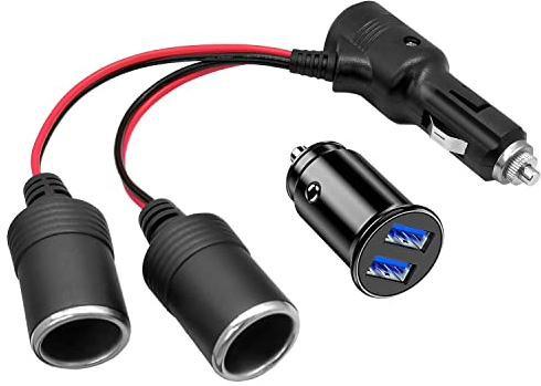 12V/24V Cable de Extensión para Mechero de Coche 1 a 2 Adaptador Divisor Toma de Enchufe 15AWG con LED Interruptor y Fusible 15A,Mini Doble USB Cargador de Coche Enchufe del Encendedor de Cigarrillos