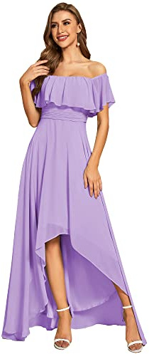 Ever-Pretty Vestito da Damigella Corto Davanti Lungo Dietro dalla Spalla Maniche ad Aletta Elegante Abito da Damigella Lavanda 40