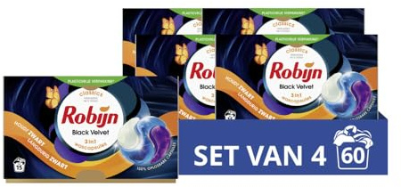 Robijn Classics Black Velvet 3-i-1 tvättkapslar håller svart vax långvarigt svart – 4 x 15 tvättar – ekonomipack