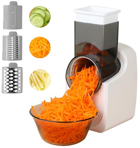 Electric Cheese Grater, Electric Salad Maker, Multi Grater, Fruit Cutter, Automatic Vegetable Chopper Slicer Professional with Multi Cone Blades for Fruit and Vegtables, Stainless Steel, White