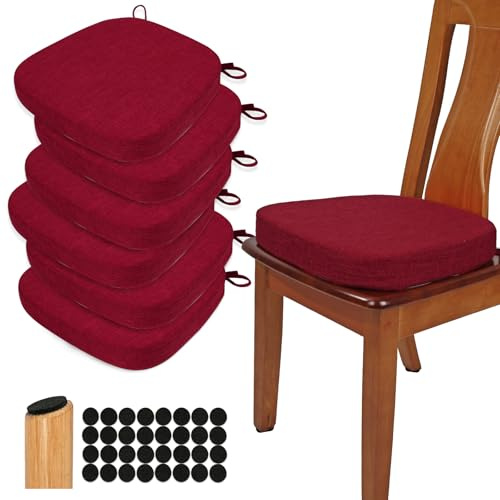 BUYUE Stuhlkissen 6,5 cm dick, U-Form Sitzkissen 40x40 cm mit hochdichtem Schaumstoff, Stoffbezug, rutschfestes Sitzpolster für Küche und Esszimmer (6 Stück, Rot)