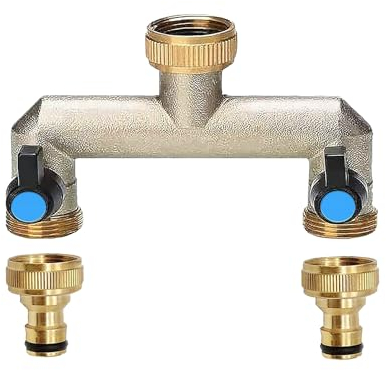 2 Wege Wasserhahn Verteiler Wasserverteiler aus Messing für 2 Wasserhahn Adapter, 2er Verteiler 3/4 Wasseranschluss Adapter Kupplung 1/2 Zoll zum Einstellen Absperren Wasserflusses