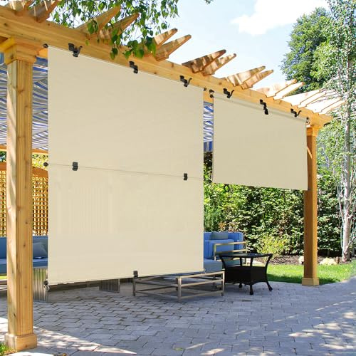 Goleray 8'Wx6'H Patio Shades Roll Up Outdoor 240GSM Foldable Roller Shades Exterior Porch Blinds Sun Screen for Outside Deck Pergola Balcony, Beige