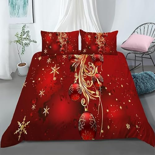 Bettwäsche 220x240 Rote Dekokugel 3D Muster Weihnachten Bettwäsche-Sets 3 Teilig Weiche Microfaser Bettbezug Set mit Reißverschluss und 2 Kissenbezug 80x80 cm F554