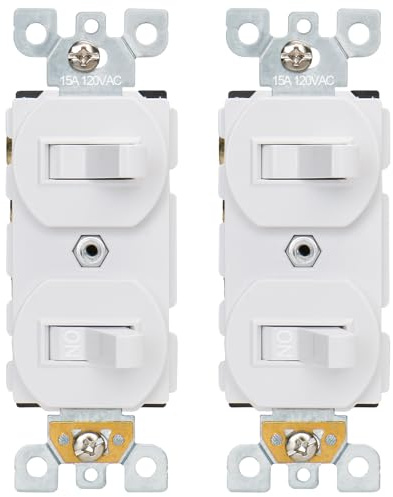 Baomain 2-Pack Double Toggle Light Switch,15 Amp 125V Two Single Pole Residential Grade,On/Off Electrical Wall Switch Self-grounding, Glossy White ETL Listed