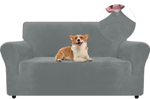 Ystyle Elastischer Samt Sofabezug 2 Sitzer, Hellgrau | Stretch Sofa Überzug, Sofaschoner Rutschfest, Couch Überzug, Sofa Cover mit Armlehnen, Sesselschoner Sofaschutz Katze