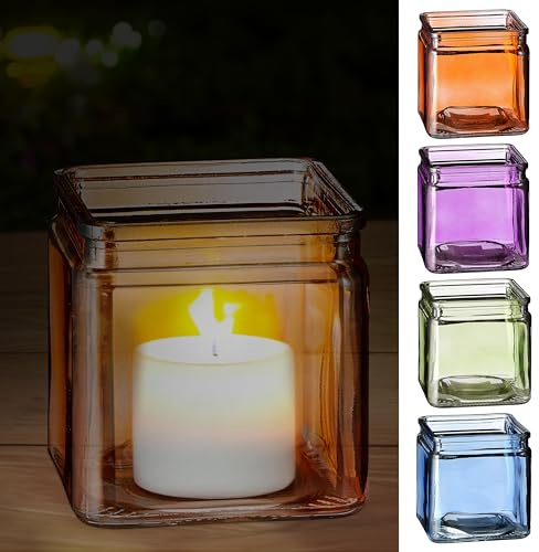 Vindljus, uppsättning av 4 kvadratiska | glas 10 x 10 x 10 cm, orange, blå, grön, lila | ljushållare för värmeljus