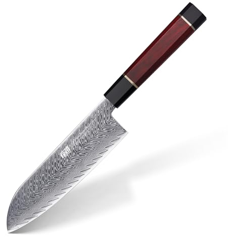 FINDKING Cuchillo de Chef Santoku de 7 Pulgadas, Hoja de Acero Damasco AUS-10, Versátil Cuchillo Asiático para Cortar y Rebanar, Agarre de Madera Cómodo, Ideal para Verduras (Serie Samurai)