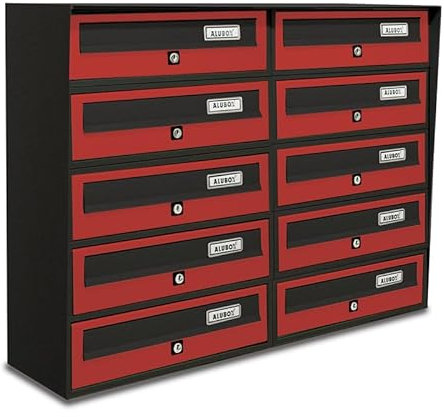 ALUBOX SLIM Cassette Postali Condominiali 10 Posti 63X77,5X30 Cm In Lamiera Zincata E Alluminio Cassetta Postale Da Esterno Condominiale Con Sistema Anti Prelievo (ANTRACITE ROSSO)