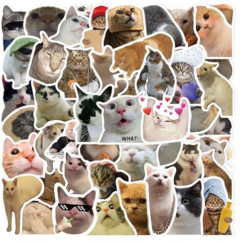 Funny Cat Set 50 Pcs, Waterproof Vinyl Aesthetic Shape Stickers for Water Bottle, Phone, Snowboard, Laptop, Luggage, Scrapbook - Kids and Teens Gift