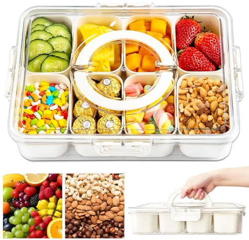 PIWOSGOL Snackbox Mit Fächern, Snackschale mit Deckel und Griff, Snackteller mit Deckel, Kunststoff Snackbox Organizer für Snacks, Obst, Nüsse, Gewürz, Süßigkeiten