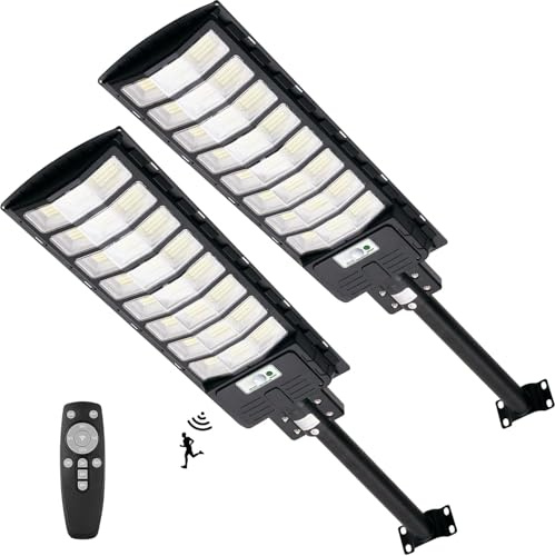 Viugreum 2 Stück 800W LED Solar Straßenlaterne mit Fernbedienung, 6500K Straßenlampe mit Bewegungsmelder Sensor IP65 Wasserdich Außen Solar Flutlichter Dämmerung bis zum Morgengrauen Außen Wegeleuchte