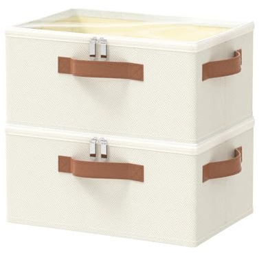 OUTBROS 2 Stück Aufbewahrungsbox mit Deckel, Faltboxen 38x26x15cm, Beige | Stoffboxen aufbewahrung mit Griff, Kleiderschrank Organizer, Unterbettkommode für Kleidung, Decken, Bettdecken