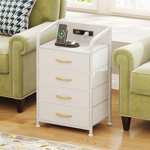 CAIYUN Table de chevet avec fonction de charge, table d'appoint avec 4 tiroirs en tissu, tables de chevet avec prises USB et prises de courant, tables d'appoint pour salon, chambre (Blanc)