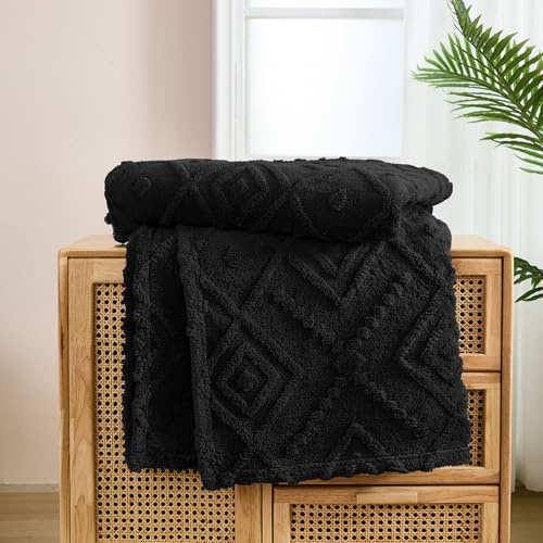 WONGS BEDDING Kuscheldecke Flauschig 220x240 Schwarz Decken, Creme Wohndecke Warme Fleecedecke Weiche Sofadecke Couchdecke für Bett Sofa Büro Mädchen