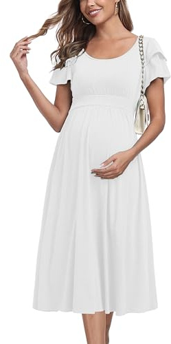 Umstandskleid mit Rüschen, kurze Ärmel, hohe Taille, Midi-Kleid, Frühling, Babyparty-Kleider