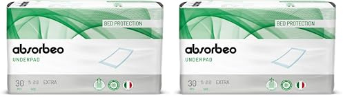 Absorbeo EXTRA Bettschutzunterlagen 30 Stück, Super Dry Effekt, Komplettschutz, Hypoallergen, Vollständig Atmungsaktiv, Größe 60 X 90 cm (Packung mit 2)