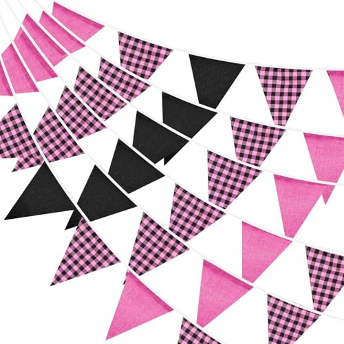 G2PLUS Ghirlanda Bandierine Nero e Rosa - 36 Bandierine Misto Cotone e Lino, Ghirlanda 10M Stile Retro & Dolce-Cool, Decorazione per Matrimoni, Feste o Halloween