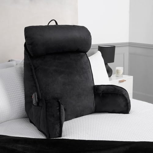 OHS Cuddle Cushion with Head Rest, Detachable Neck Roll Reading Pillow for Bed Adult Kids Soft High Back Support Cushion with Arms & Pocket Gaming Cushions for Boys Girls Sit Up in Bed Pillow, Black