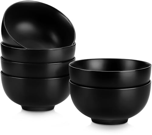 MALACASA 26 Oz Black Ceramic Bowls Set of 6,Cereal & Soup Bowl for Kitchen