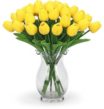 COONE 18Pcs Künstliche Tulpen aus PU-Material, Real Touch Kunstblumen Wie Echt, Hochwertiger Blumenstrauß für Hochzeitsdeko, Party, Zuhause, Büro, Garten, Vasenarrangement, DIY Deko(Gelb)