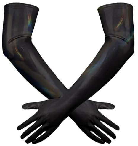 Adigau Women's Long Gloves PU Leather Shiny Elbow Length Elastic Gloves Wetlook Costumes Party Cosplay Accessories, Black, M