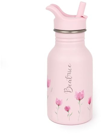 J.Børn Bouteille personnalisée, avec paille, pour enfants, 350 ml, motifs peints à la main, en acier inoxydable de qualité alimentaire, légère, motif de fleur violette