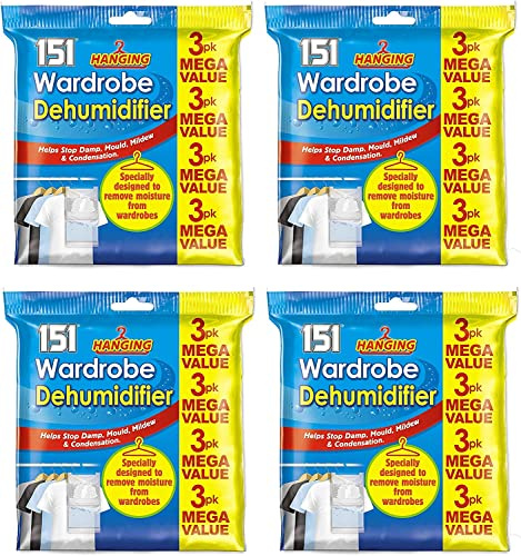 151 Hanging Dehumidifier Bags - 12 Bags per Pack - Moisture Absorber for Cupboard, Bathroom, Car, Anti-Mould, Odour & Damp Prevention, Hanging Dehumidifier Bags