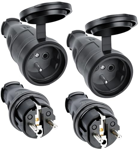 AXFEE 4PCS Paires de Fiches Schuko, Kit Schuko Fiche + Prise Femelle, Étanche IP44, 250V 16A Fiche Électrique en Caoutchouc Broche,fiche D'alimentation De Contact de Protection