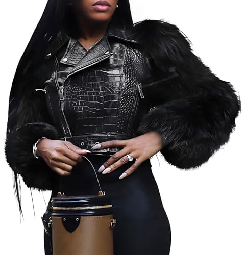 Akmipoem Leather Jacket Women Cropped PU Moto Coat Faux Fur Sleeve Short Biker Jackets Fall Streetwear with Belt Black XL