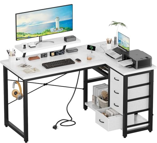 Devoko Schreibtisch L Form mit 4 Stoff Schubladen, Umkehrbarer Eckschreibtisch mit 2 Steckdosen& 2 USB-Anschlüssen, Computertisch L Form für Homeoffice Gaming, Weiß, 140X80cm