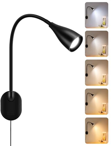 LED Wall Mounted Reading Light, 5 Color Modes 10 Brightness Dimmer, USB Charging Port, Memory & Timer, Adhesive Book Light for Reading in Bed, Eye-Caring Wall Lamps for Bedside Reading Bedroom Black
