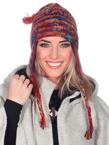 Kunst und Magie Bunte Regenbogen Strickmütze mit Fleecefutter, Handgestrickte warme Wollmütze mit Ohrenklappen, Unisex Wintermütze Schurwolle Damen Herren