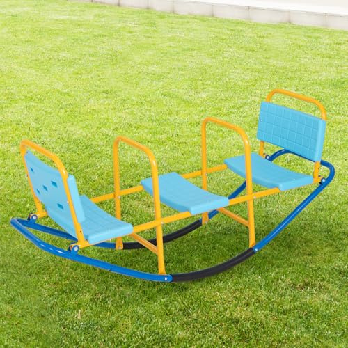 KOTEK Teeter Totter, 3-Person Metal Rocking Seesaw with Back & Easy-Grip Handles, Playground Equipment for Backyard Daycare, Indoor Outdoor Rocker Toy See Saw for Kids Toddlers (Light Blue)