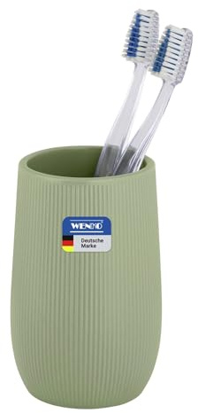 WENKO Zahnputzbecher Mod. Fablo aus Keramik mit Rillenoptik, freistehend, für Zahnbürsten, Zahnpasta, als Mundspülbecher oder Pinselhalter in Bad, Hobbyraum, Küche oder am Schminktisch, grün matt