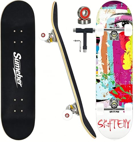 Skateboard professionell 80 cm komplett skateboard, 7 lager skateboarddäck, ABEC-11 kullager, lämplig för barn, ungdomar, vuxna, nybörjare (fantasi)