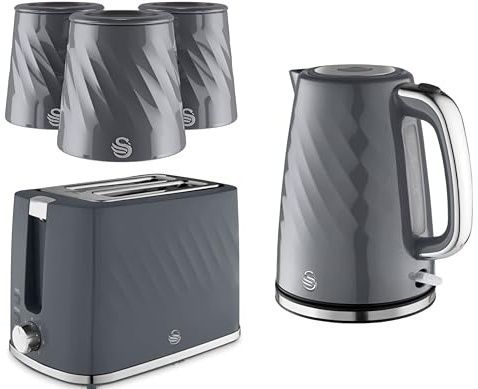 Swan Windsor Grey 1.7L 3KW Kettle, 2 Slice Toaster & 3 Canisters. Contemporary Matching Kitchen Set with Textured Finish & Chrome Accents