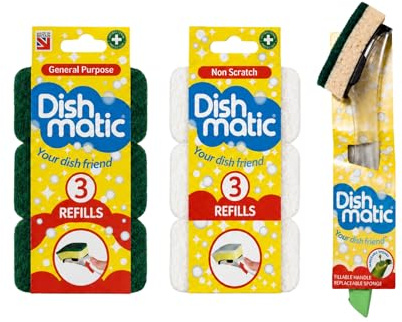 Dishmatic Washing Up Brush Bundle – 1 Handle with Green General Purpose & White Non Scratch Refill Packs, Sponge on a Stick, Dish Scrubber & Kitchen Cleaning Set