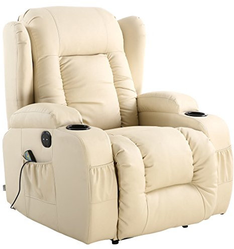 More4Homes CAESAR ELECTRIC AUTO RECLINER MASSAGE HEATED GAMING WING LOUNGE BONDED LEATHER CHAIR (Cream)