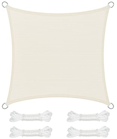SONGMICS Vela Parasole 5 x 5 m, Tenda da Sole in Tessuto HDPE, Permeabile all'Aria e all'Acqua, per Terrazza, Giardino, Balcone, Campeggio, Quadrata, Concava, Corde da 2 m, Beige GSS55IV