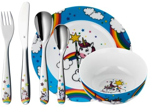 WMF Unicornio - Vajilla para niños 6 piezas, incluye plato, cuenco y cubertería (tenedor, cuchillo de mesa, cuchara y cuchara pequeña) (WMF Kids infantil)