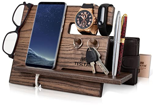 TESLYAR Geschenk für Herren, Schreibtisch-Organizer, Holz, Geschenk, Vatertag, Weihnachten, Geschenk, Telefonständer, Geschenk für Papa, Uhren, Geschenk, Geburtstag, Herren, Idee (Wenge)