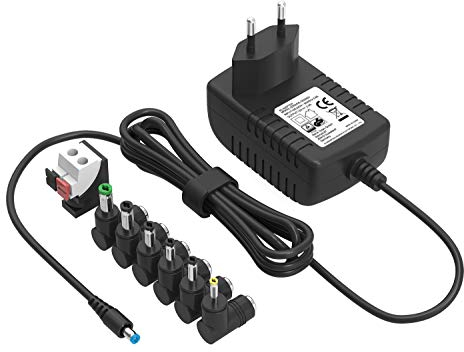 Chargeur Universel 12V 2A Adaptateur Secteur pour Lampe LED, Lecteur DVD Portable, boîtier décodeur, Haut-parleurs, Routeur, WiFi, Réservoir de Poissons, Webcam, Scanner, Interrupteur (avec 7 fiches)