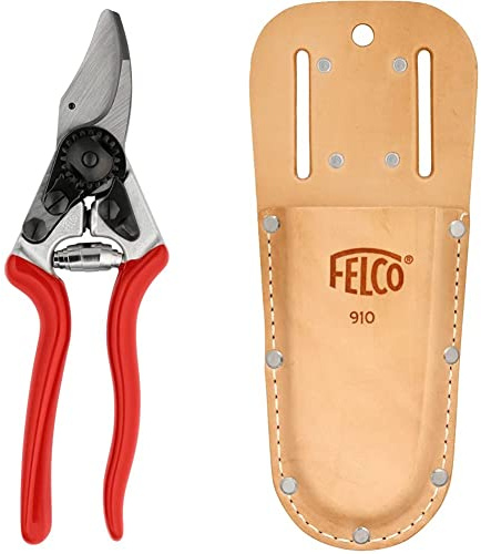 FELCO Gartenschere für Linkshänder Nr. 16 (kompakte Baumschere, Schnitt-ø 20 mm, Länge 195 mm) & 910 Etui für Gartenscheren (Holster aus Echtleder, mit Gürtelschlaufe + Klammer), 26 x 16 x 12 cm