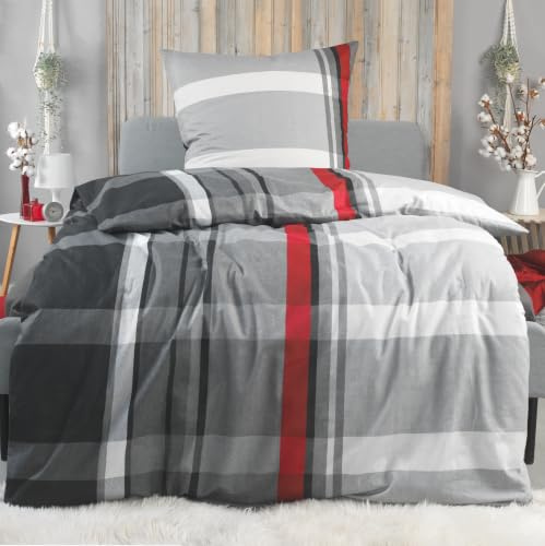 BaSaTex Biber Flanell Bettwäsche, 135x200 + 80x80 cm, Karo Grau | 100% Baumwolle, Biber Flanell Qualität, Weich, Wärmend, Reißverschluss, Öko_Tex Standard