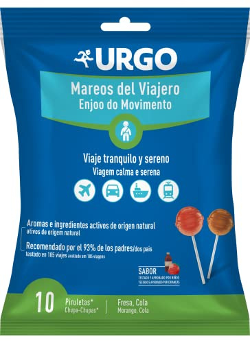 Urgo - Mareos del viajero - Bienestar durante los viajes Para un Viaje Tranquilo y Sereno - 10 piruletas (fresa y cola)