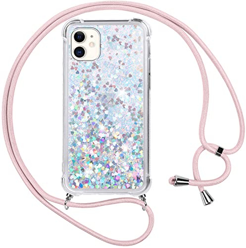 Vauki handyband für iPhone 12 Mini Hülle mit Band,Silikon Durchsichtig Transparent Flüssig Glitzer mit Kette Kordel Bumper Treibsand Necklace TPU Schutzhülle Case für iPhone 12 Mini